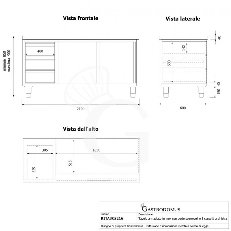 Schranktisch aus Edelstahl 2 Schiebetüren 3 Schubladen links B 2100 mm x T 600 mm x H 850 mm