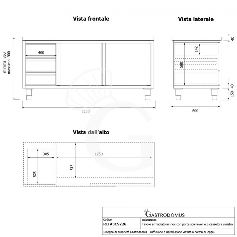 Schranktisch aus Edelstahl 2 Schiebetüren 3 Schubladen links B 2200 mm x T 600 mm x H 850 mm