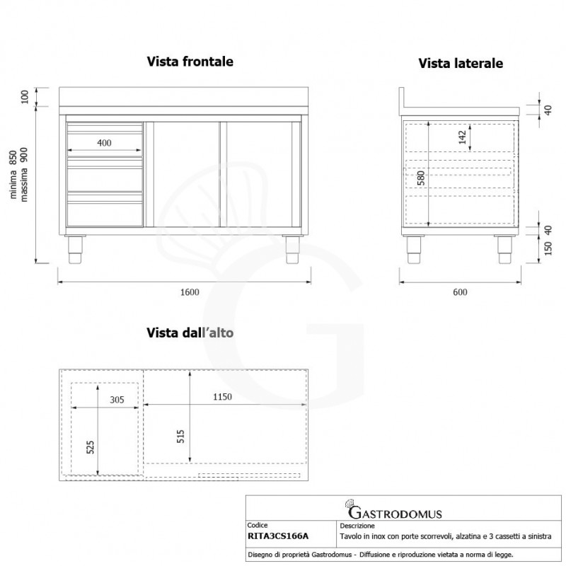 Schranktisch aus Edelstahl 2 Schiebetüren 3 Schubladen links Aufsatz B 1600 mm x T 600 mm x H 950 mm