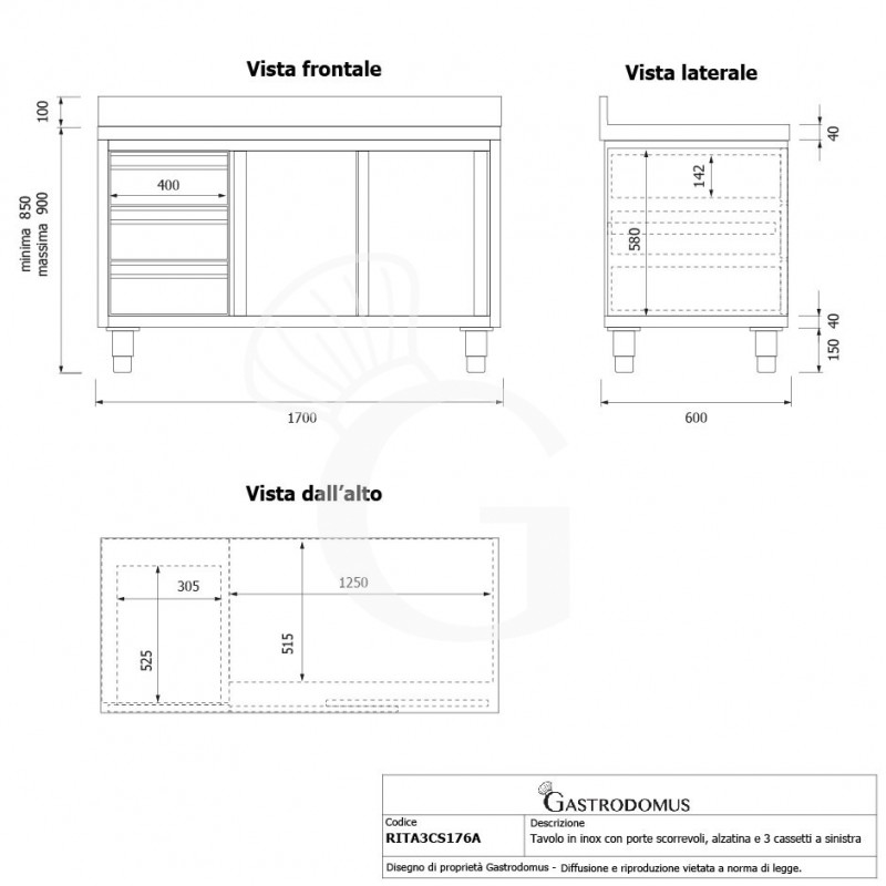 Schranktisch aus Edelstahl 2 Schiebetüren 3 Schubladen links Aufsaz B 1700 mm x T 600 mm x H 950 mm
