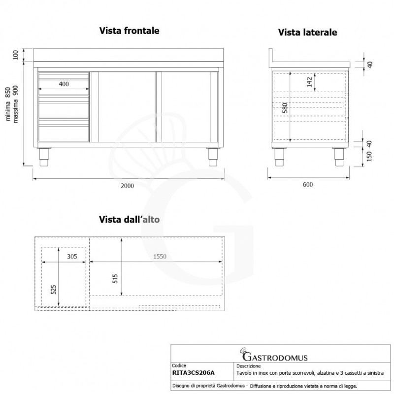 Schranktisch aus Edelstahl 2 Schiebetüren 3 Schubladen links Aufsatz B 2000 mm x T 600 mm x H 950 mm