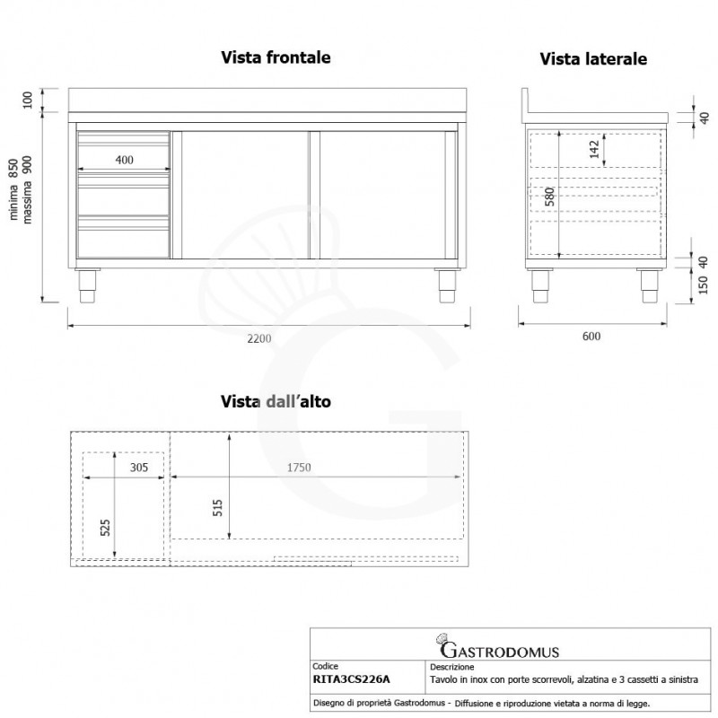 Schranktisch aus Edelstahl 2 Schiebetüren 3 Schubladen links Aufsatz B 2200 mm x T 600 mm x H 950 mm