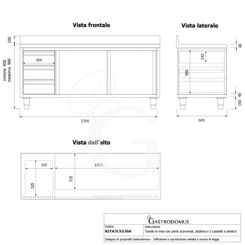 Schranktisch aus Edelstahl 2 Schiebetüren 3 Schubladen links Aufsatz B 2300 mm x T 600 mm x H 950 mm