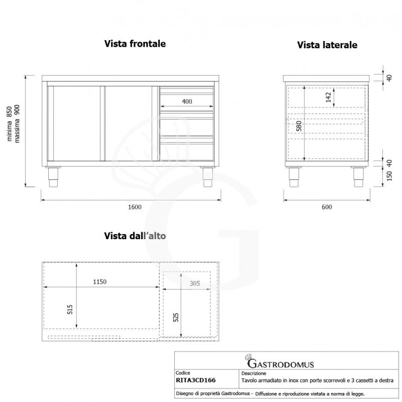 Schranktisch aus Edelstahl 2 Schiebetüren 3 Schubladen rechts B 1600 mm x T 600 mm x H 850 mm