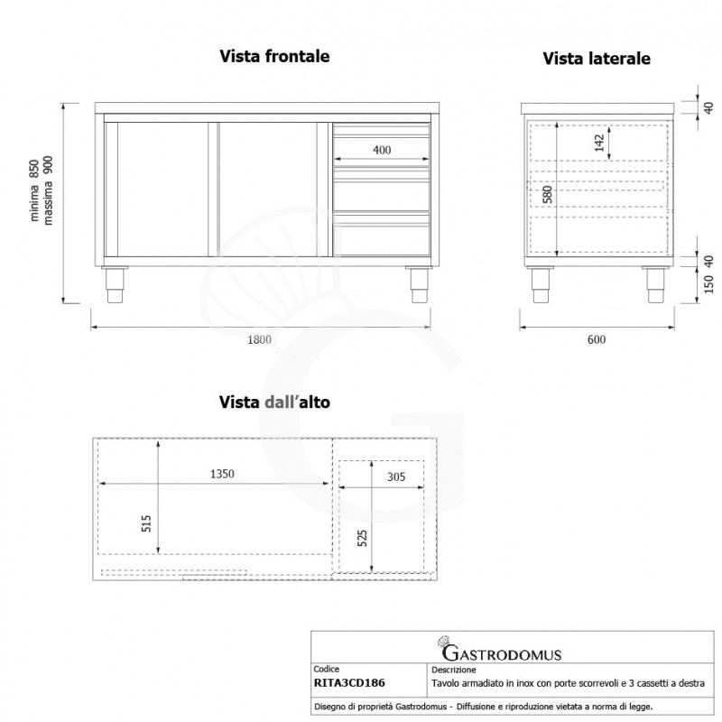 Schranktisch aus Edelstahl 2 Schiebetüren 3 Schubladen rechts B 1800 mm x T 600 mm x H 850 mm