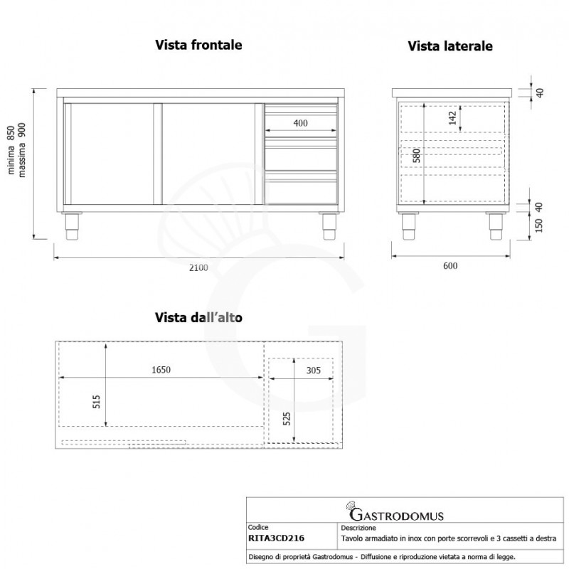 Schranktisch aus Edelstahl 2 Schiebetüren 3 Schubladen rechts B 2100 mm x T 600 mm x H 850 mm