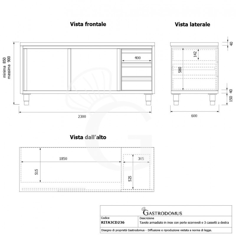 Schranktisch aus Edelstahl 2 Schiebetüren 3 Schubladen rechts B 2300 mm x T 600 mm x H 850 mm