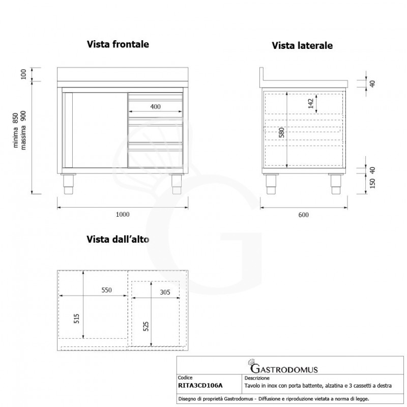 Schranktisch aus Edelstahl 1 Flügeltür 3 Schubladen rechts Aufsatz B 1000 mm x T 600 mm x H 950 mm