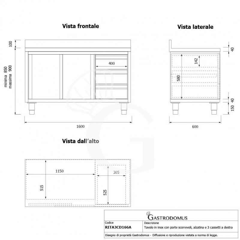 Schranktisch aus Edelstahl 2 Schiebetüren 3 Schubladen rechts Aufsatz B 1600 mm x T 600 mm x H 950 mm