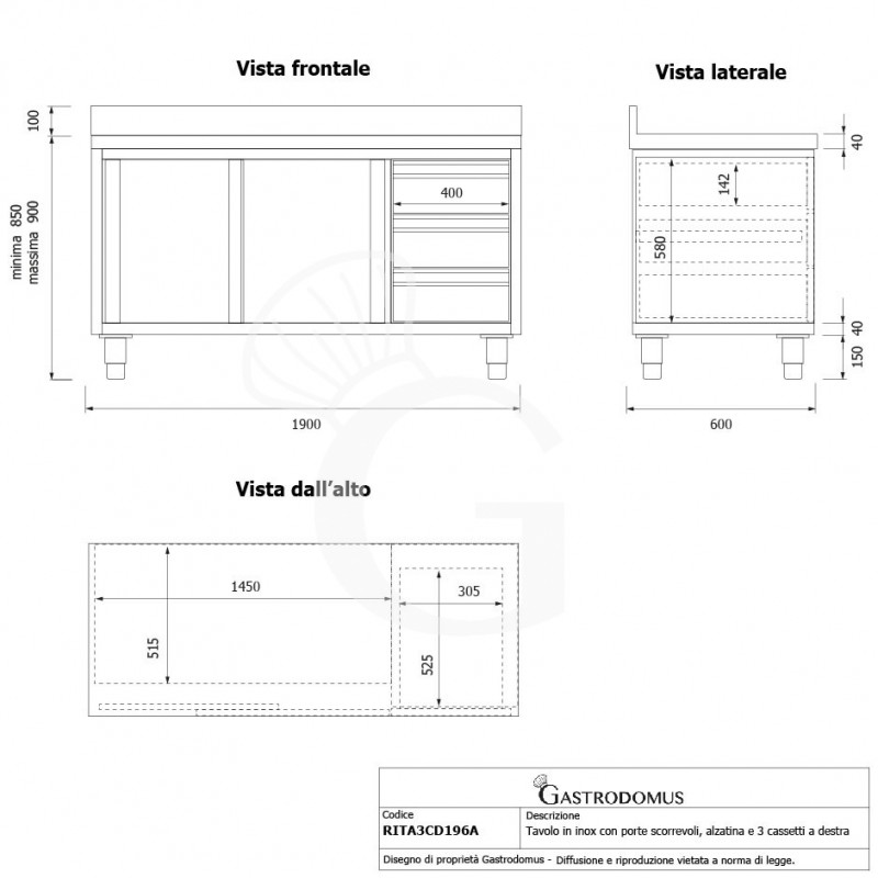 Schranktisch aus Edelstahl 2 Schiebetüren 3 Schubladen rechts Aufsatz B 1900 mm x T 600 mm x H 950 mm