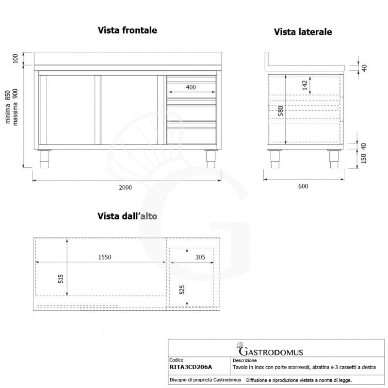 Schranktisch aus Edelstahl 2 Schiebetüren 3 Schubladen rechts Aufsatz B 2000 mm x T 600 mm x H 950 mm