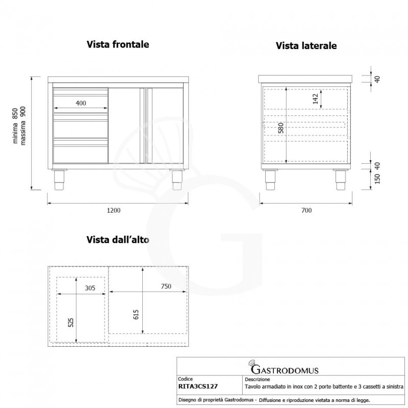 Schranktisch aus Edelstahl 2 Flügeltüren 3 Schubladen links B 1200 mm x T 700 mm x H 850 mm