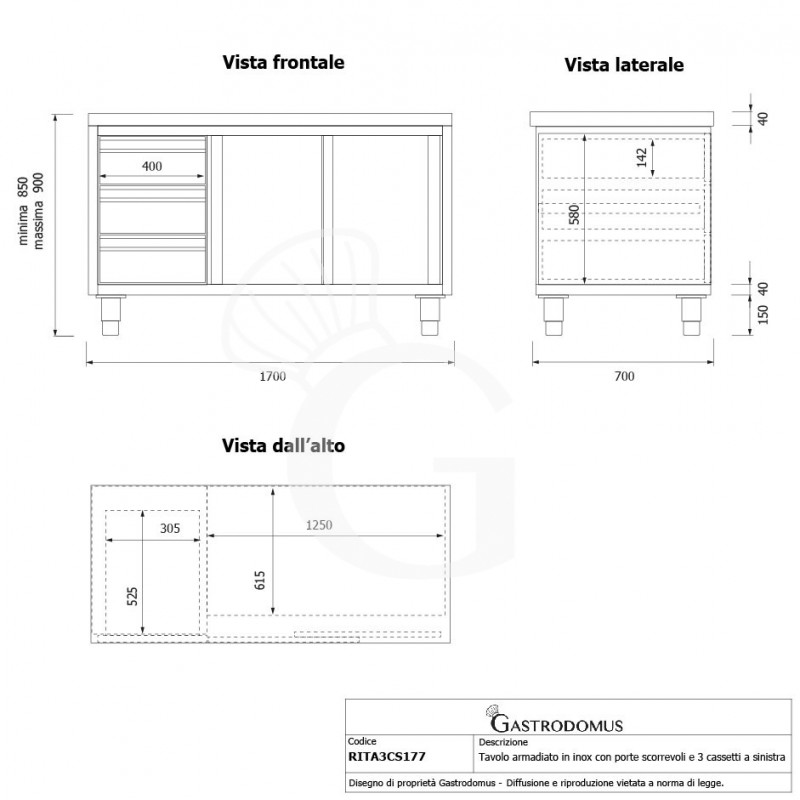 Schranktisch aus Edelstahl 2 Schiebetüren 3 Schubladen links B 1700 mm x T 700 mm x H 850 mm