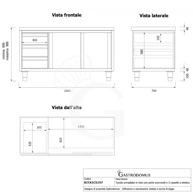 Schranktisch aus Edelstahl 2 Schiebetüren 3 Schubladen links B 1900 mm x T 700 mm x H 850 mm