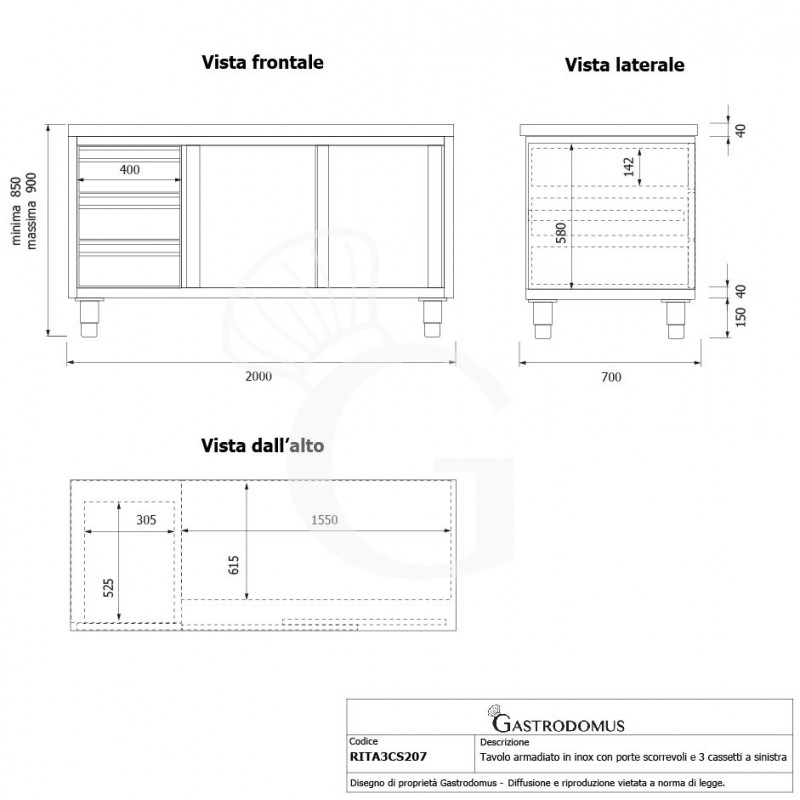 Tavolo armadiato, 2 porte scorrevoli, 3 cassetti sul lato sinistro, L 2000 mm x P 700 mm x H 850 mm