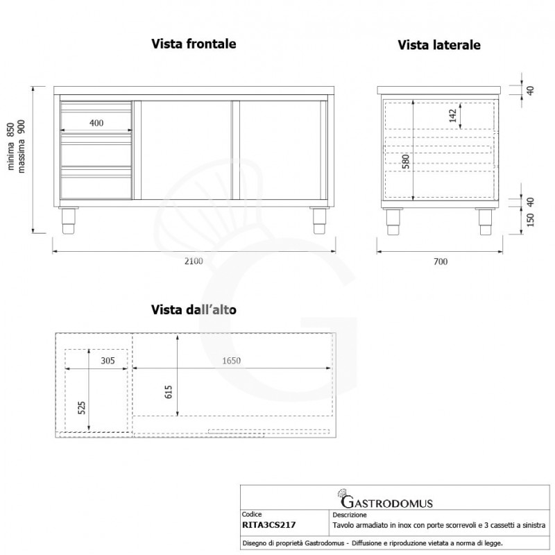Schranktisch aus Edelstahl 2 Schiebetüren 3 Schubladen links B 2100 mm x T 700 mm x H 850 mm
