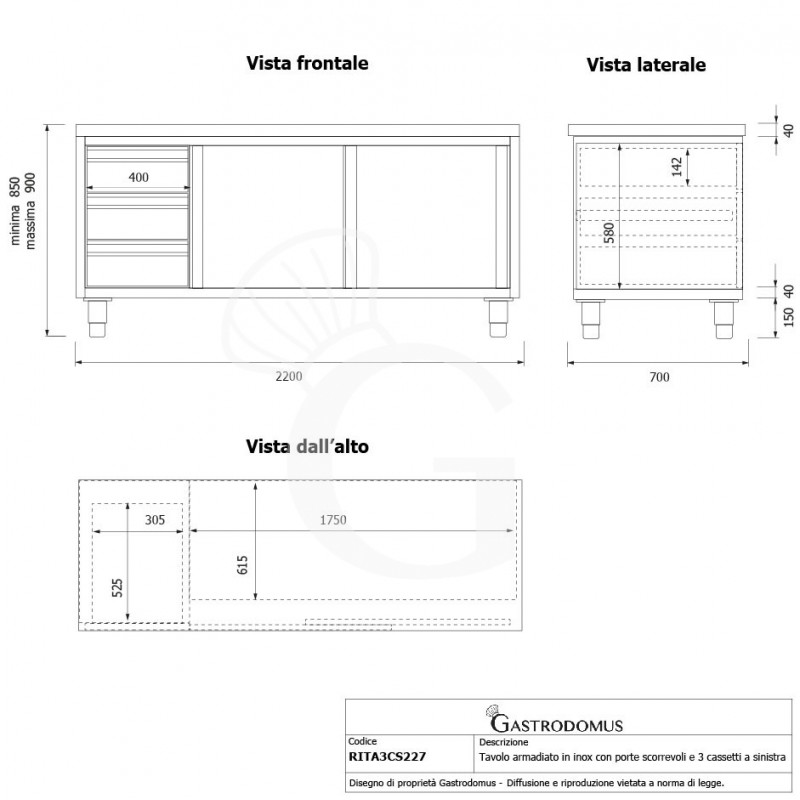 Schranktisch aus Edelstahl 2 Schiebetüren 3 Schubladen links B 2200 mm x T 700 mm x H 850 mm