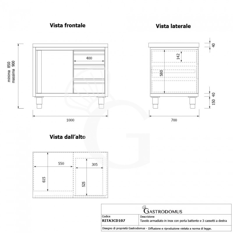 Schranktisch aus Edelstahl 1 Flügeltür 3 Schubladen rechts B 1000 mm x T 700 mm x H 850 mm