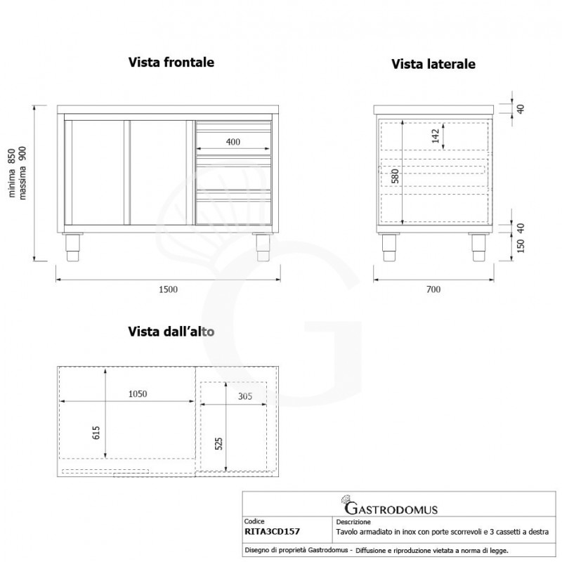 Schranktisch aus Edelstahl 2 Schiebetüren 3 Schubladen rechts B 1500 mm x T 700 mm x H 850 mm