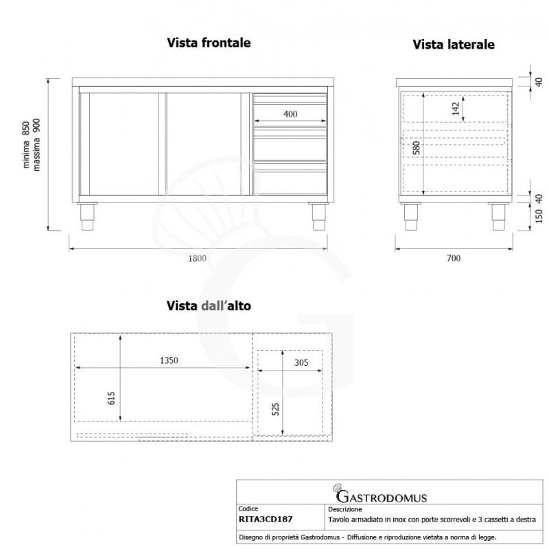 Schranktisch aus Edelstahl 2 Schiebetüren 3 Schubladen rechts B 1800 mm x T 700 mm x H 850 mm