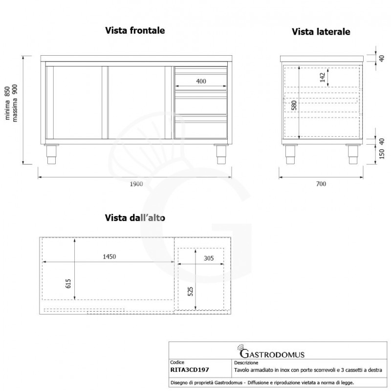 Schranktisch aus Edelstahl 2 Schiebetüren 3 Schubladen rechts B 1900 mm x T 700 mm x H 850 mm