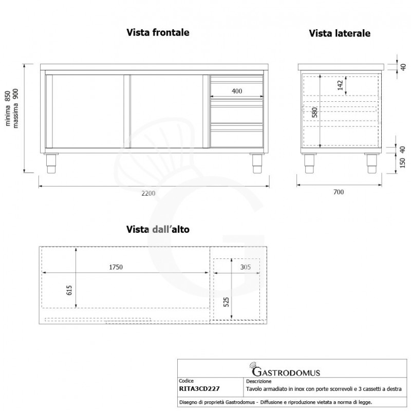 Schranktisch aus Edelstahl 2 Schiebetüren 3 Schubladen rechts B 2200 mm x T 700 mm x H 850 mm