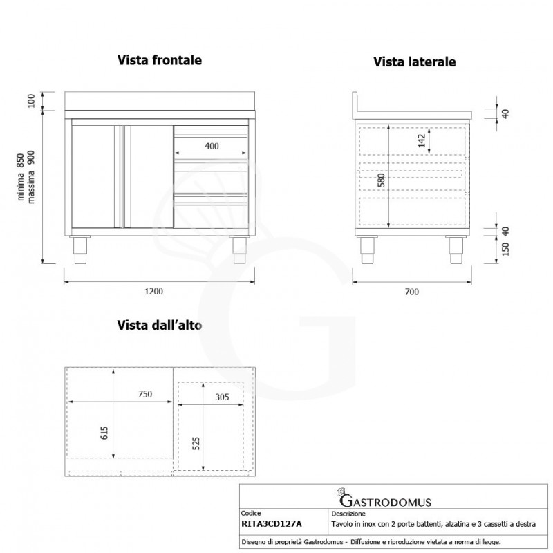 Schranktisch aus Edelstahl 2 Flügeltüren 3 Schubladen rechts Aufsatz B 1200 mm x T 700 mm x H 950 mm
