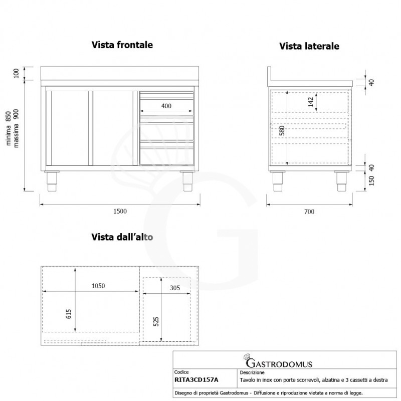 Schranktisch aus Edelstahl 2 Schiebetüren 3 Schubladen rechts Aufsatz B 1500 mm x T 700 mm x H 950 mm