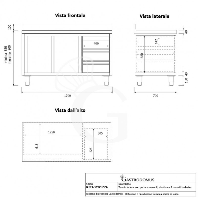 Schranktisch aus Edelstahl 2 Schiebetüren 3 Schubladen rechts Aufsatz B 1700 mm x T 700 mm x H 950 mm