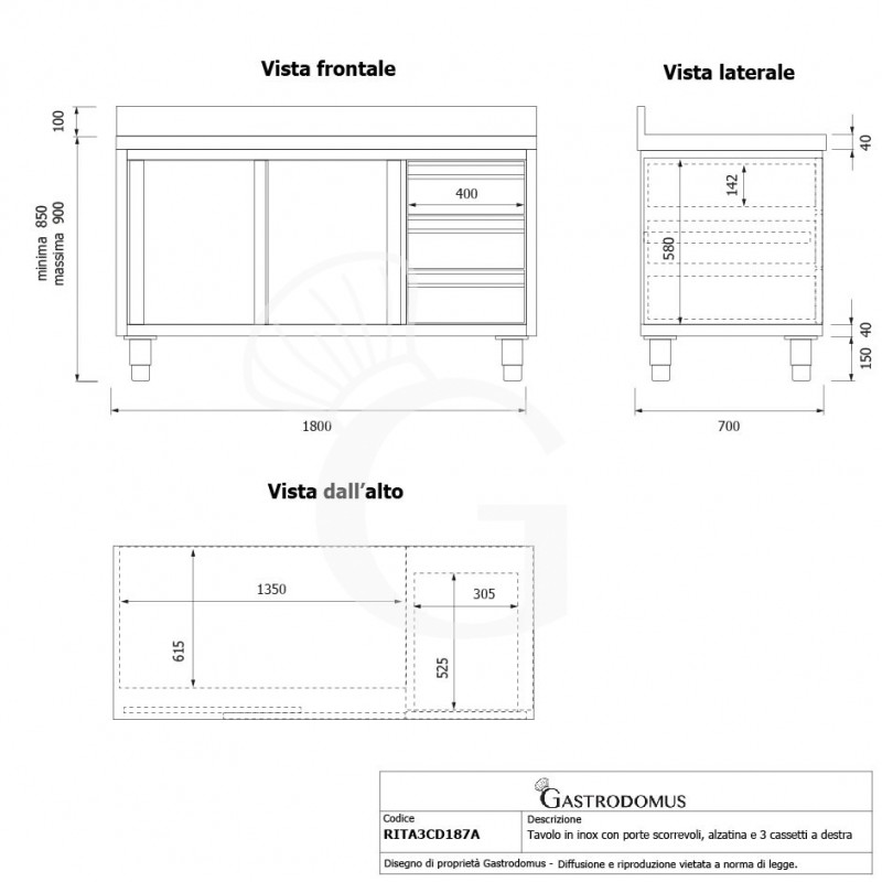 Schranktisch aus Edelstahl 2 Schiebetüren 3 Schubladen rechts Aufsatz B 1800 mm x T 700 mm x H 950 mm