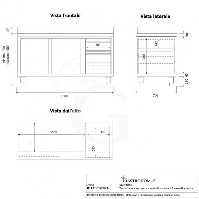 Schranktisch aus Edelstahl 2 Schiebetüren 3 Schubladen rechts Aufsatz B 2000 mm x T 700 mm x H 950 mm