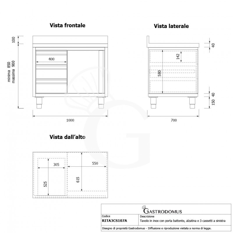Schranktisch aus Edelstahl 1 Flügeltür 3 Schubladen links Aufsatz B 1000 mm x T 700 mm x H 950 mm