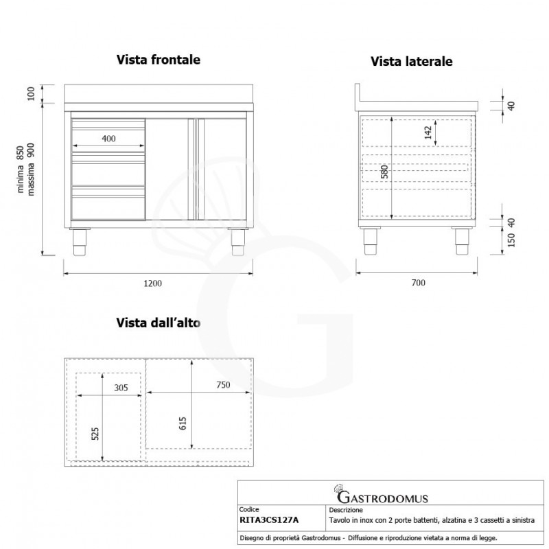 Schranktisch aus Edelstahl 2 Flügeltüren 3 Schubladen links Aufsatz B 1200 mm x T 700 mm x H 950 mm