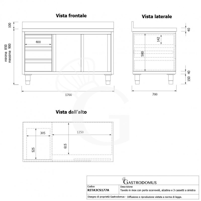Schranktisch aus Edelstahl 2 Schiebetüren 3 Schubladen links Aufsatz B 1700 mm x T 700 mm x H 950 mm
