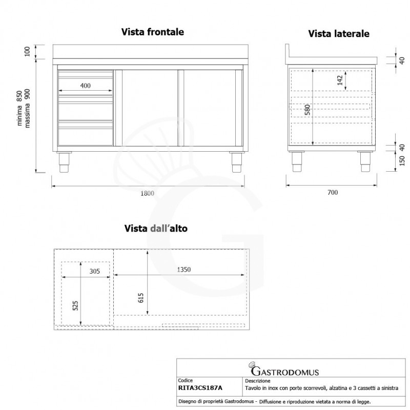 Schranktisch aus Edelstahl 2 Schiebetüren 3 Schubladen links Aufsatz B 1800 mm x T 700 mm x H 950 mm