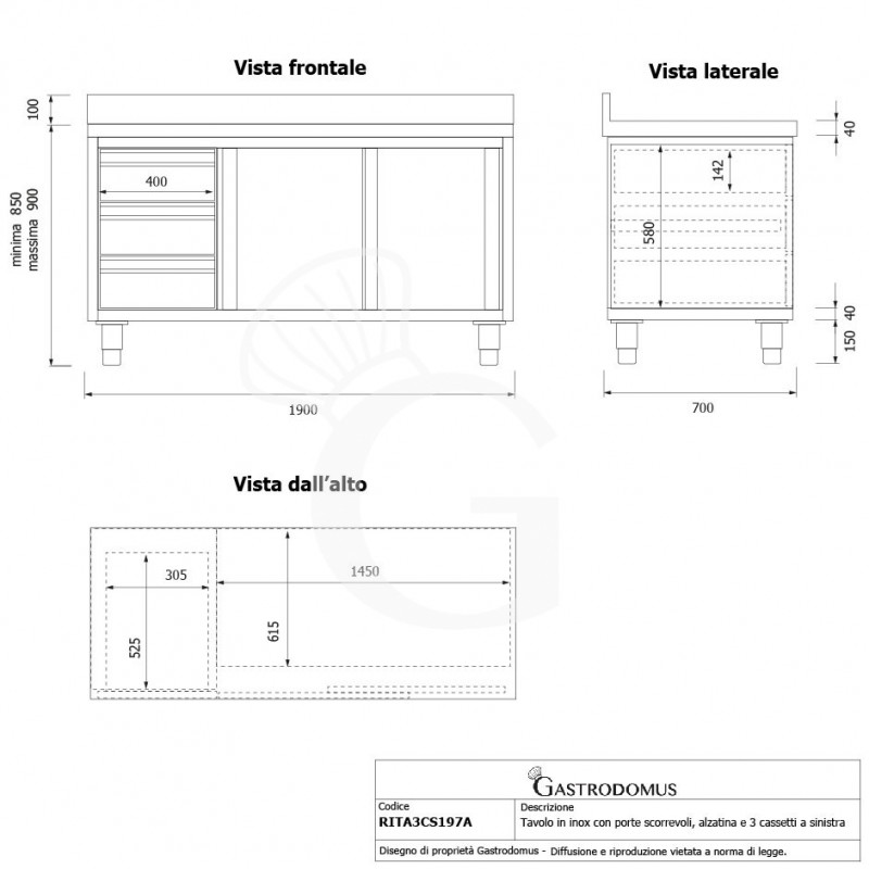 Schranktisch aus Edelstahl 2 Schiebetüren 3 Schubladen links Aufsatz B 1900 mm x T 700 mm x H 950 mm