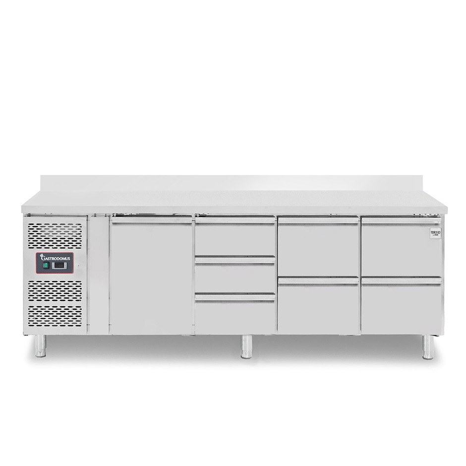 Kühltisch, 5 Schubladen, 2 Türen, T 700 mm, - 2° C/ + 8° C, Aufkantung, Motor auf der linken Seite