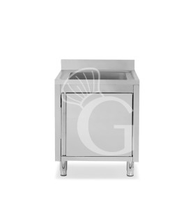 Spülschrank, Edelstahl, 1 Flügeltür, 1 Becken, Aufkantung, Hahnloch Ø 32 mm, B 600 mm x T 700 mm x H 965 mm
