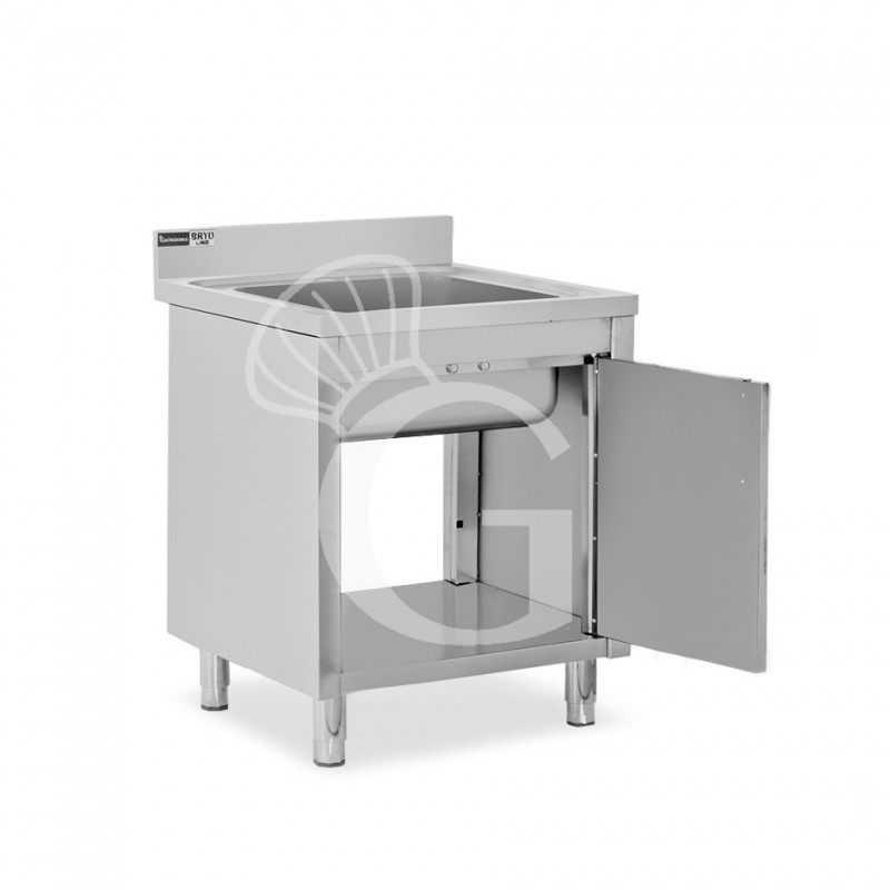 Spülschrank, Edelstahl, 1 Flügeltür, 1 Becken, Aufkantung, Hahnloch Ø 32 mm, B 600 mm x T 700 mm x H 965 mm