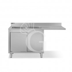 Spülmaschinen Spülschrank, Edelstahl, 2 Becken, Abtropffläche rechts, Schiebetüren, Hahnloch Ø 32 mm, B 1600 x T 600 x H 965 mm