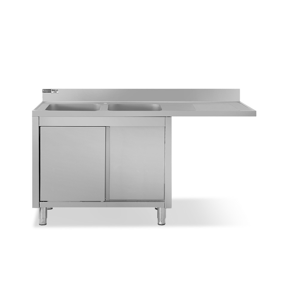 Spülmaschinen Spülschrank, Edelstahl, 2 Becken, Abtropffläche rechts, Schiebetüren, Hahnloch Ø 32 mm, B 1600 x T 600 x H 965 mm