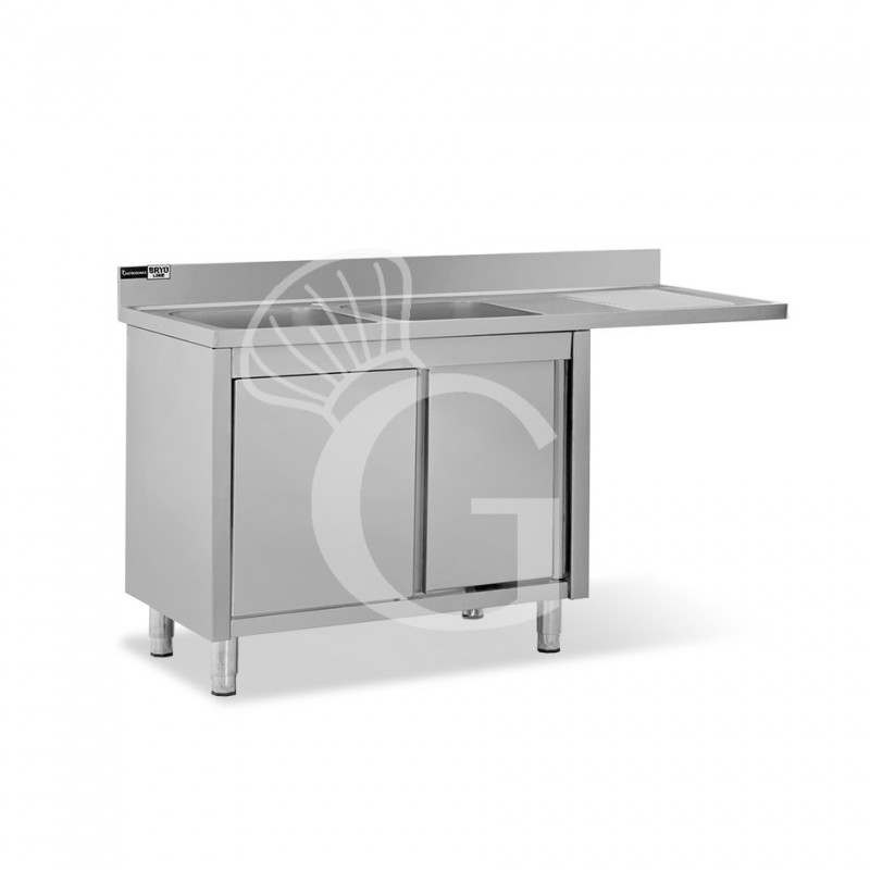 Spülmaschinen Spülschrank, Edelstahl, 2 Becken, Abtropffläche rechts, Schiebetüren, Hahnloch Ø 32 mm, B 1600 x T 600 x H 965 mm