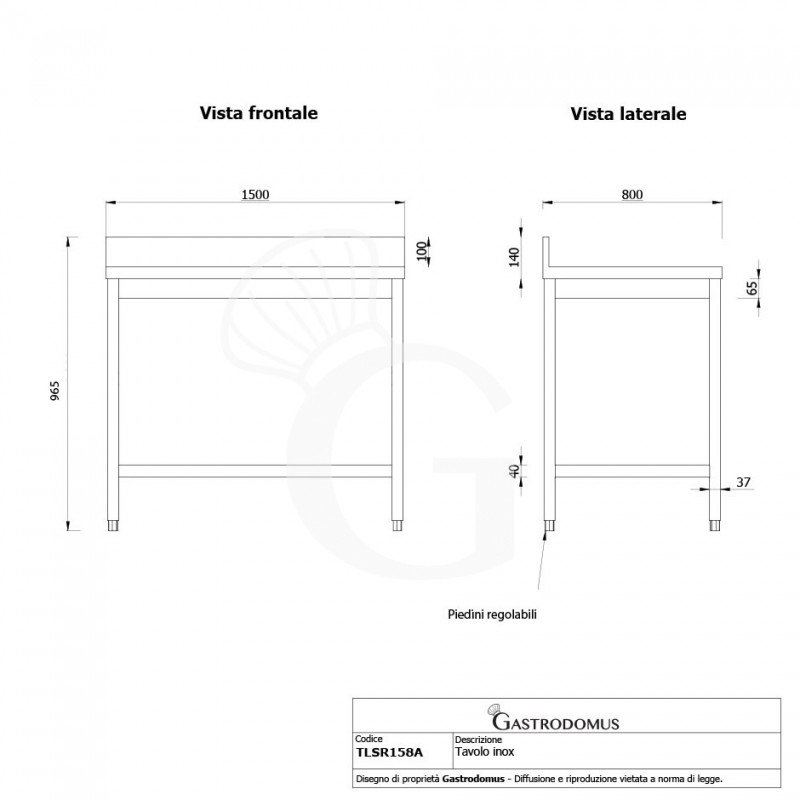 Edelstahltisch mit Aufkantung, B 1500 mm X T 800 mm X H 965 mm