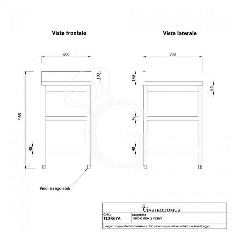 Edelstahltisch, 2 Regalböden, Aufkantung, B 600 mm X T 700 mm X H 965 mm