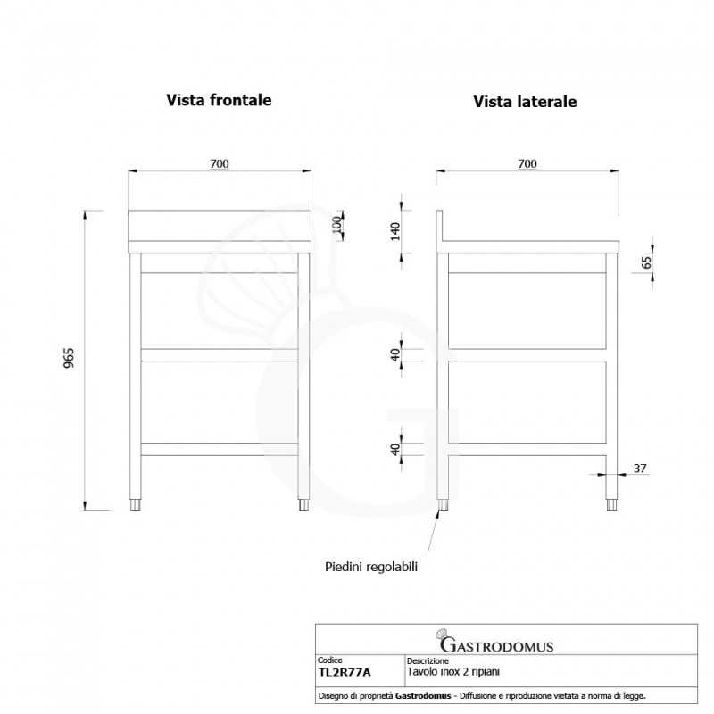 Edelstahltisch, 2 Regalböden, Aufkantung, B 700 mm X T 700 mm X H 965 mm