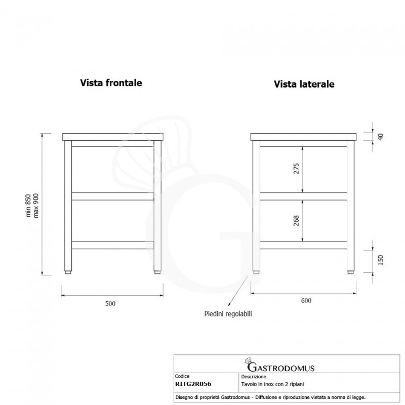 Tavolo semplice in acciaio inox con 2 ripiani e misure L 500 mm x P 600 mm x H 850 mm