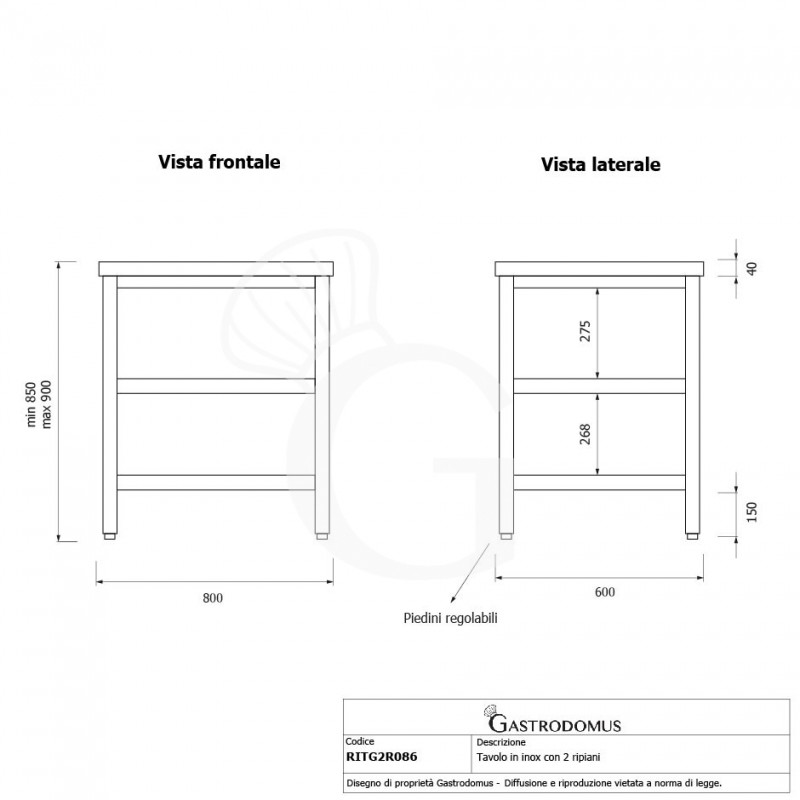 Tavolo semplice in acciaio inox con 2 ripiani e misure L 800 mm x P 600 mm x H 850 mm