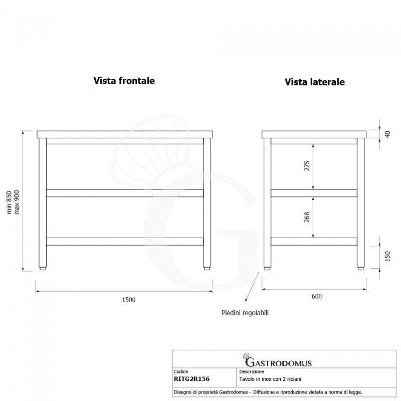 Tavolo semplice in acciaio inox con 2 ripiani e misure L 1500 mm x P 600 mm x H 850 mm