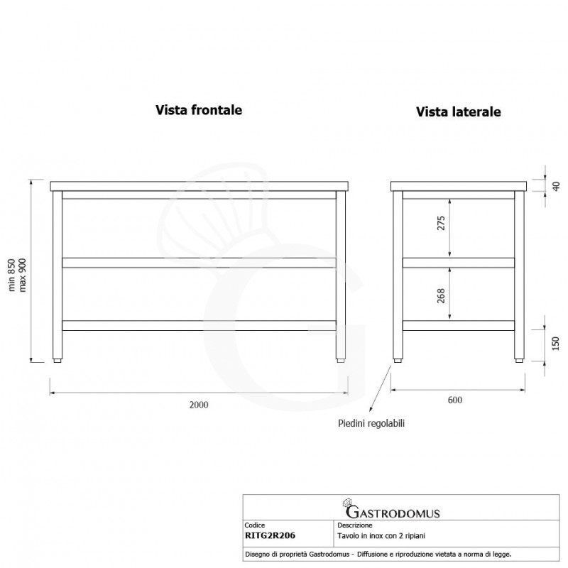 Edelstahltisch 2 Regalböden B 2000 mm x T 600 mm x H 850 mm