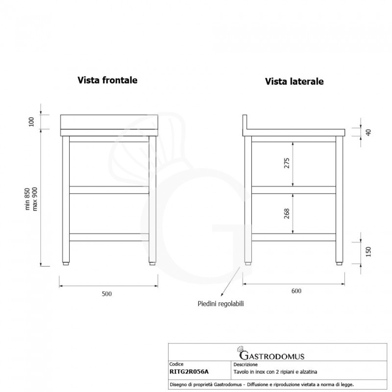 Tavolo semplice in acciaio inox con 2 ripiani, alzatina e misure L 500 mm x P 600 mm x H 850 mm